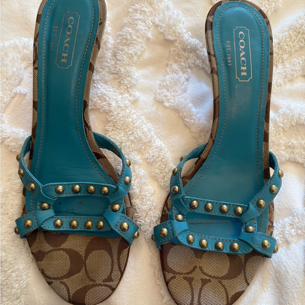 Coach strappy brown and blue kitten heel sandals